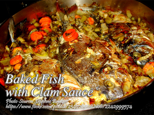 Baked Sea Bass with Clam Sauce