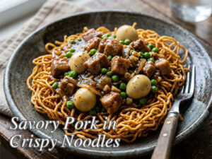 Savory Pork in Crispy Noodles Savory Pork with Crispy Noodles Pin It!